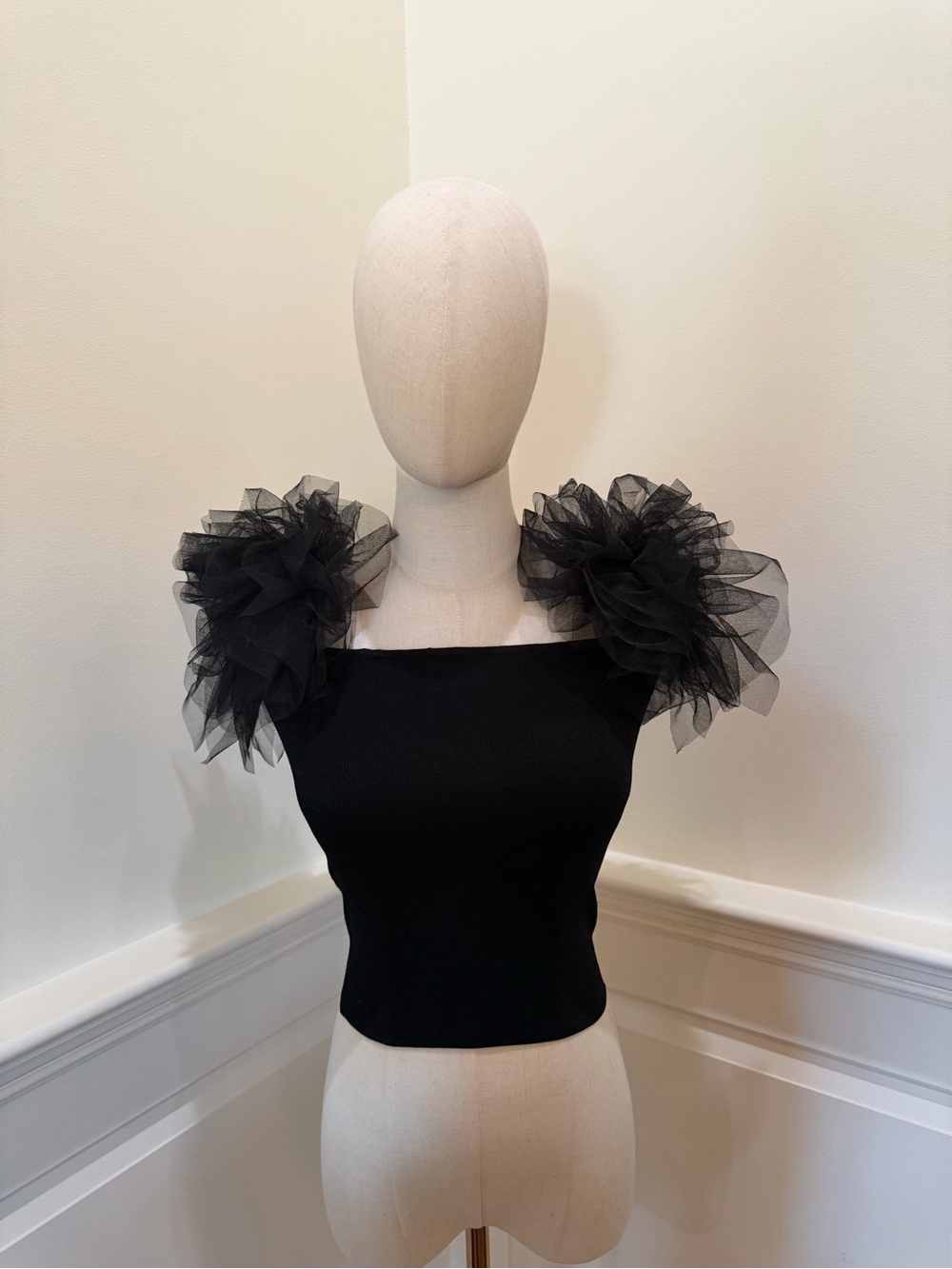 Autumn Cashmere Blouse with Tulle Puff Sleeves